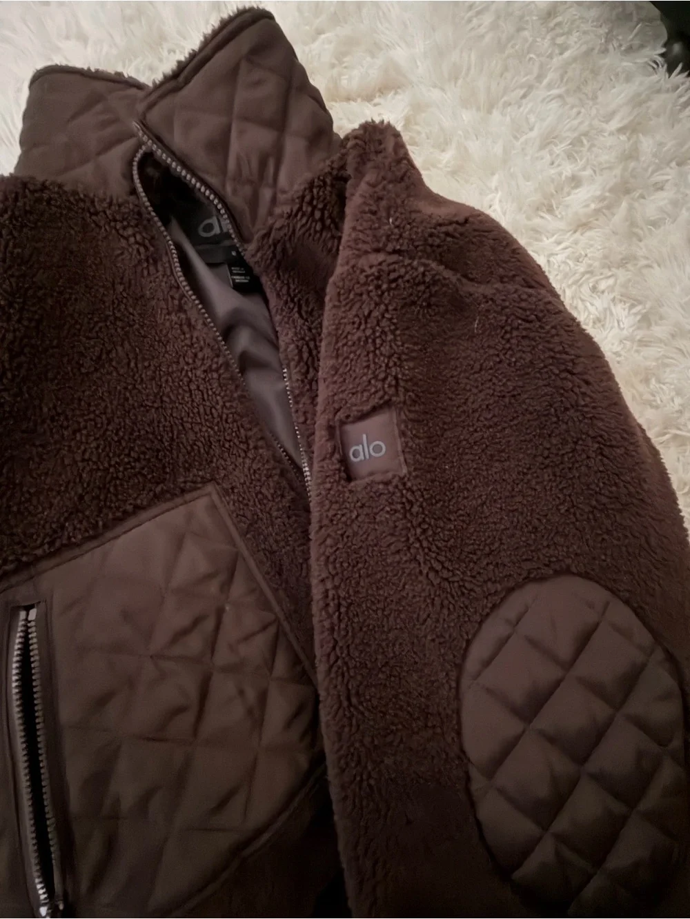 Alo Teddy Sherpa Zip-Up Jacket in Chocolate Brown